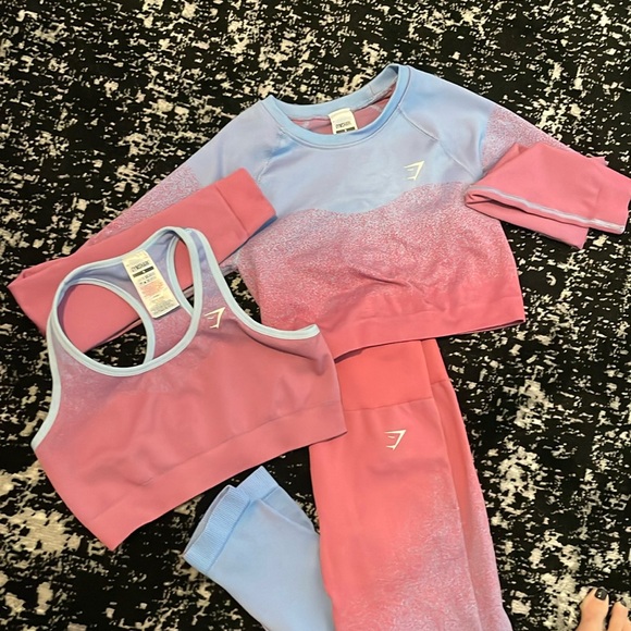 GYMSHARK ADAPT OMBRE SEAMLESS ROSE PINK/ LIGHT BLUE THREE PIECE WORKOUT SET XS/S - Picture 3 of 10